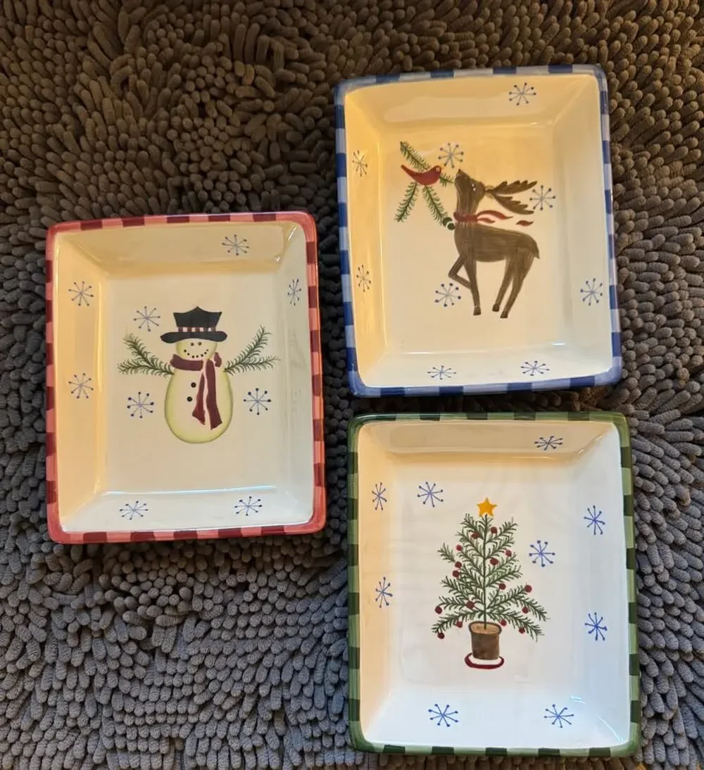 Christmas Snack Plates Holiday Trinket Square Dishes Set of 3 6
